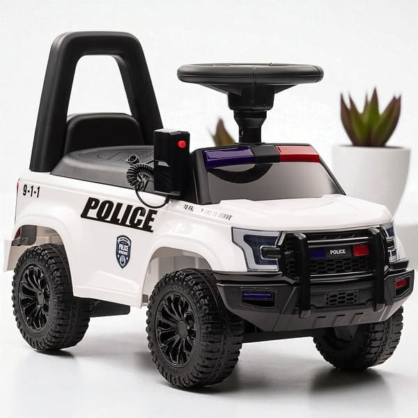 slide 2 of 24, Kids Police Push Ride-On Car with PA System, Horn, Steering Wheel & Storage, Foot-to-Floor Sliding Toy for Ages 18-60 Months White