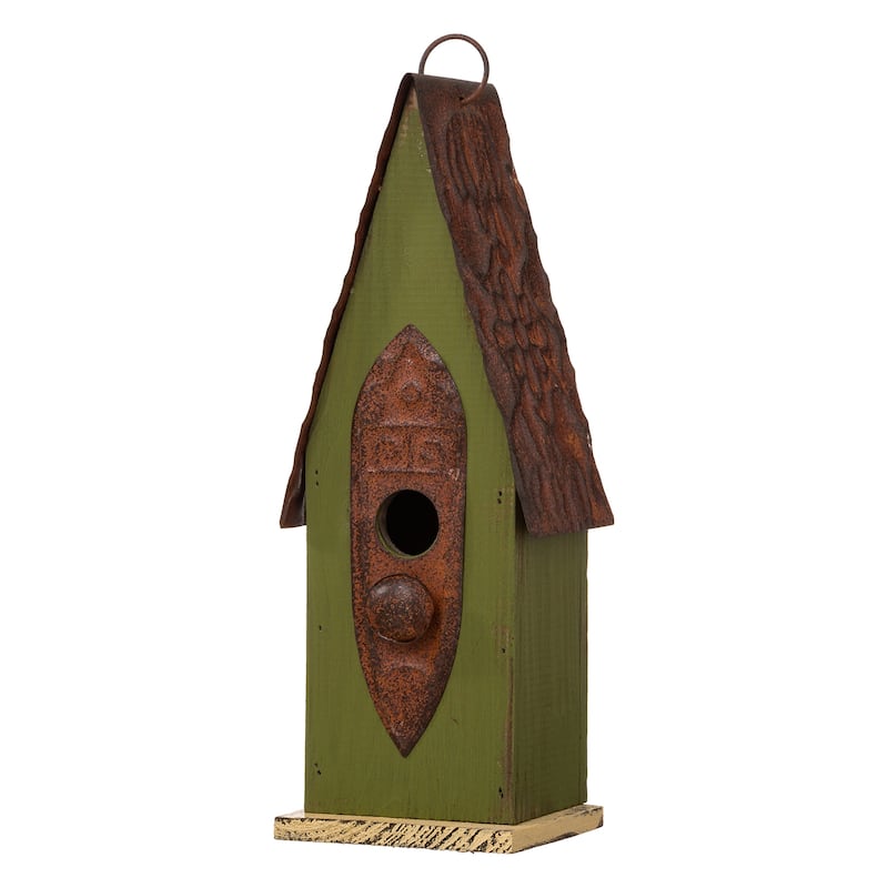 Glitzhome 13"H Retro Wooden Distressed Garden Birdhouse - 4.5"L x 4.25"W x 13.25"H - Green