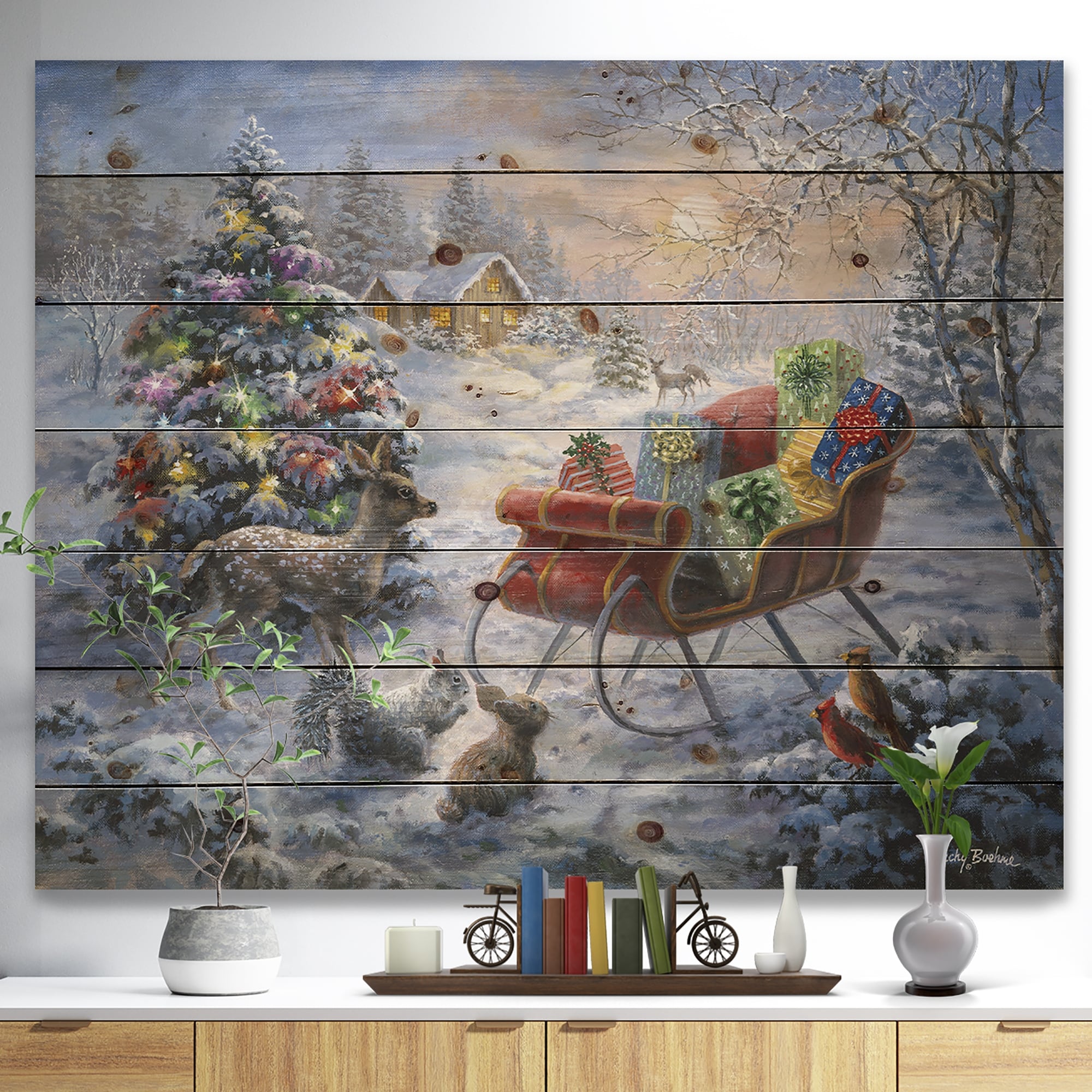 Designart 'Christmas Tree Magic Winter scene with Presents in Sleigh' Print on Natural Pine Wood
