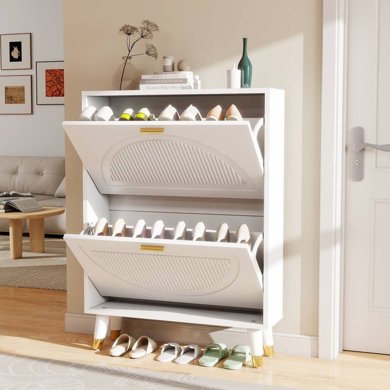 25''W Slim Shoe Cabinet, Fluted Hidden Shoe Storage Cabinet with 2 Flip Drawers, Wooden Shoe