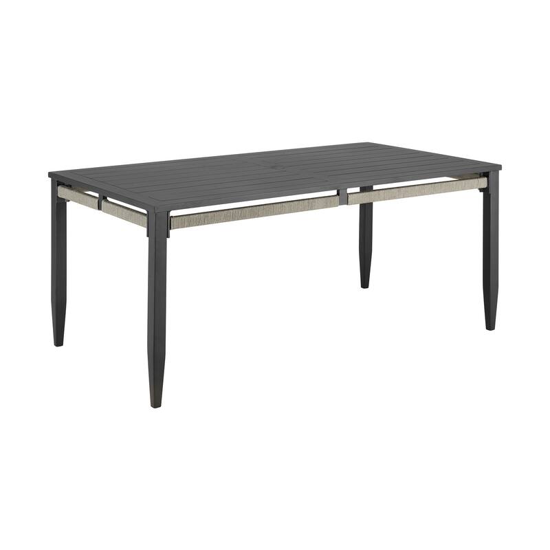 Hosa 66 Inch Outdoor Dining Table, Rectangular Slatted Top, Gray Rope Apron