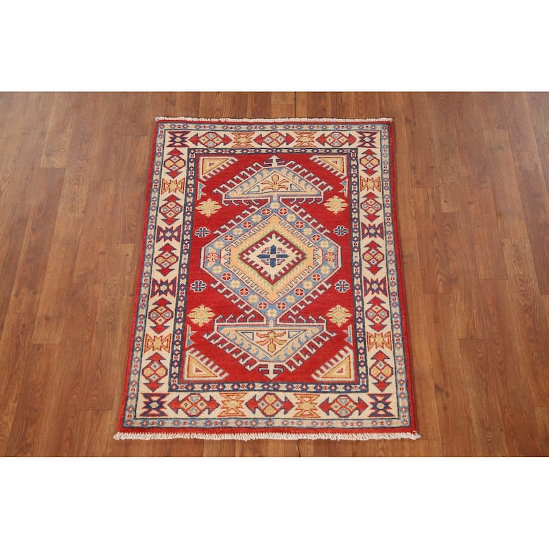 Geometric Kazak Oriental Accent Rug Hand-Knotted Red Wool Carpet - 2'7"x 3'8"