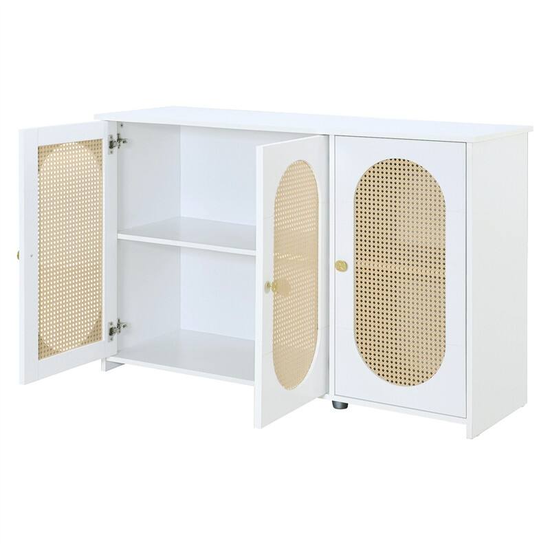 Retro 3-Door Sideboard with PVC Rattan Doors and Metal Handles, Buffet Cabinet Accent Storage Cabinet with Storage Shelves