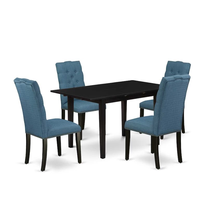 HomeStock 5-Pc Black Solid Wood Top-Rectangular Button Tufted Upholstered Dining Room Set with Butterfly Leaf-Seats 4