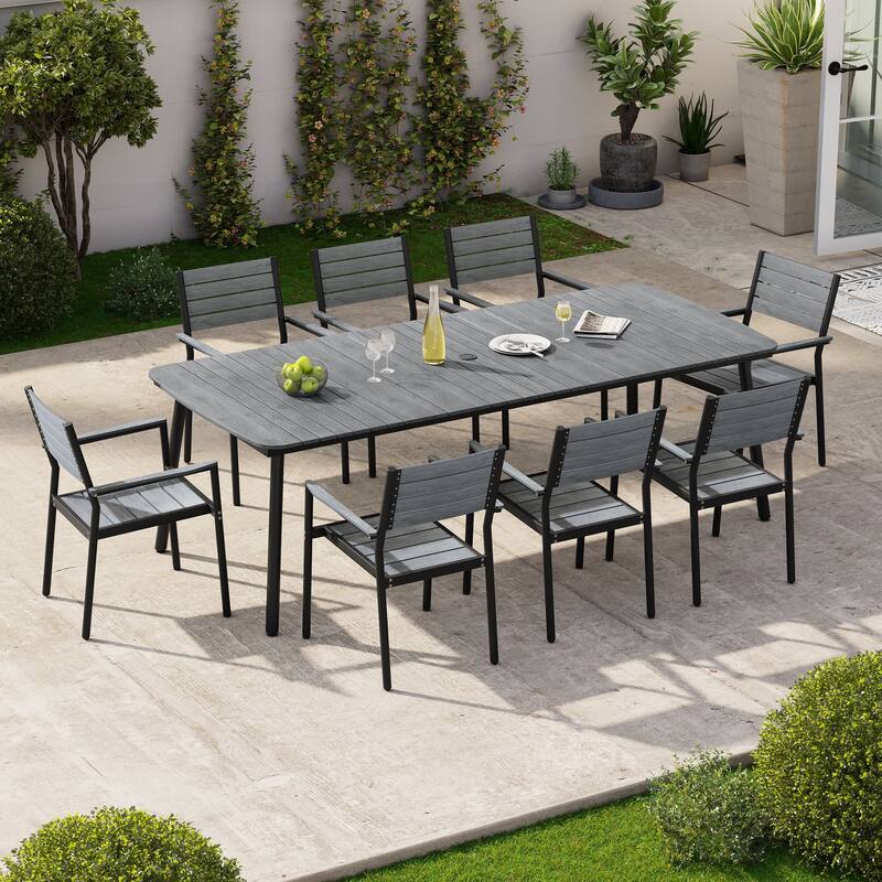 9-Piece Rectangular Patio Outdoor Dining Table Set with Umbrella Hole and Stackable Armchairs - Grey