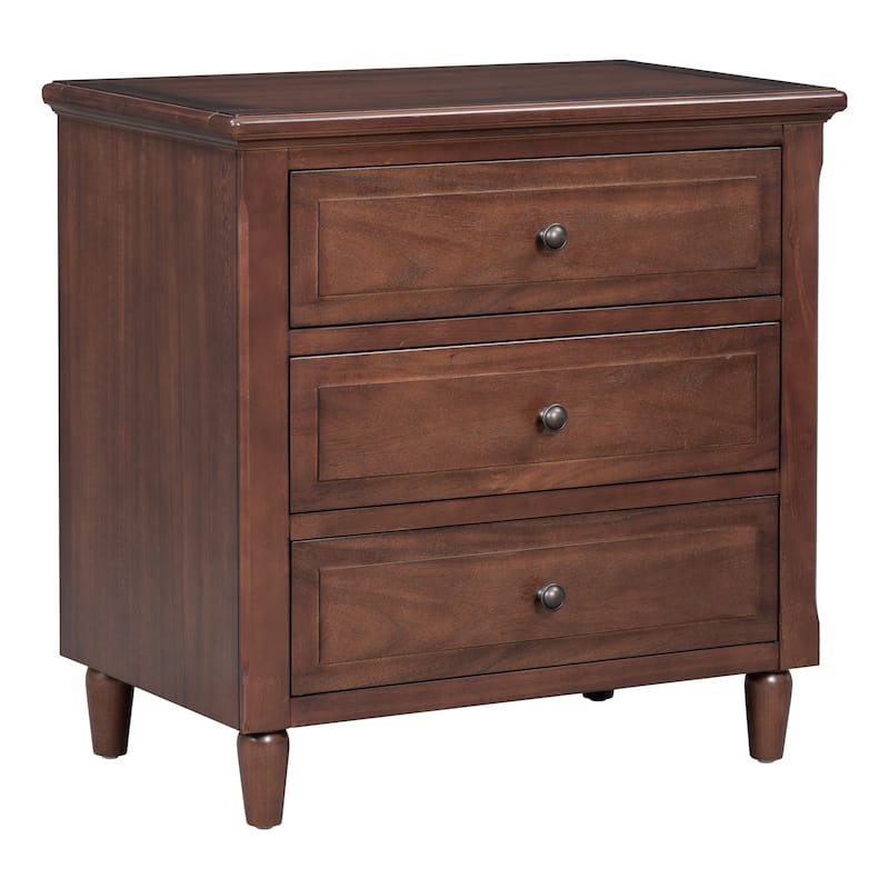 Fully Assembled 3-Drawer Nightstand, MDF & Pine Wood with Rubberwood Legs, Metal Ball Slide Glides