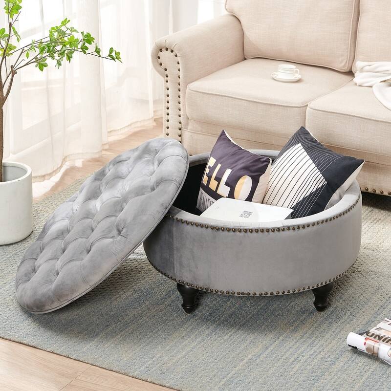 SIDA 30" Tufted Round Storage Ottoman, Velvet ,Silver Grey