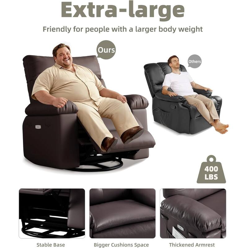27" Oversized PU Leather Massage Recliner with Heat & Vibration, Cup Holders, Side Pockets, Wood Frame