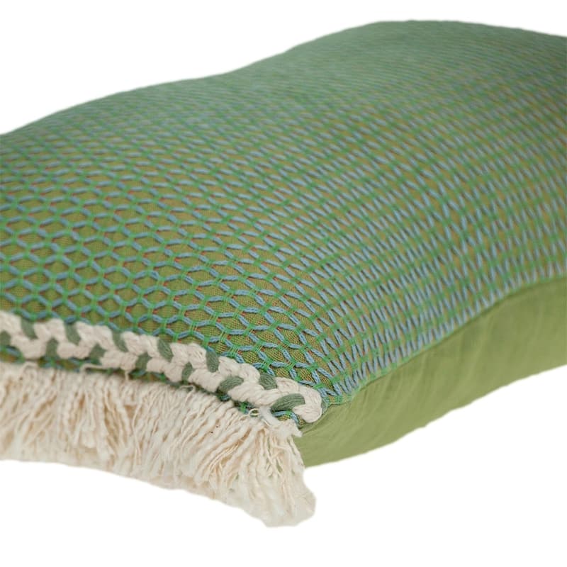 14" X 20" Beige and Green Cotton Lumbar Throw Pillow with Embroidery and Fringe