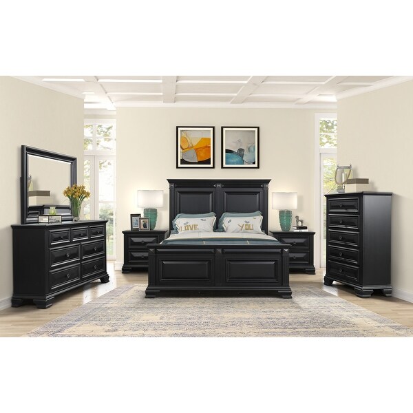 Roundhill Furniture Renova Vintage Black Wood Queen Bedroom Set Panel Bed Dresser Mirror Two Nightstands Chest