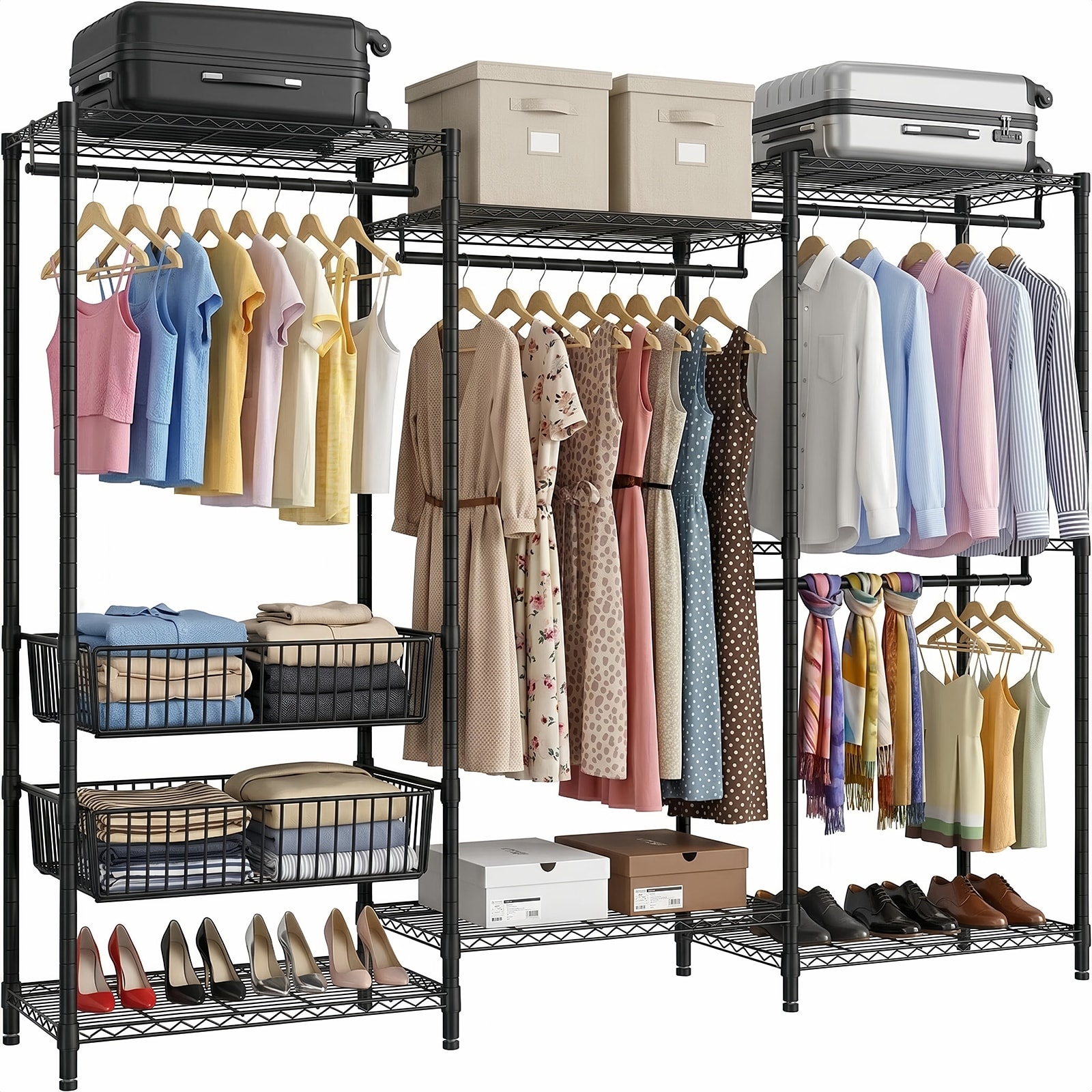 Heavy Duty Clothes Rack, Freestanding Garment Rack with 4 Hanging Rods & 2 Wire Baskets, with Adjustable Wire Shelves