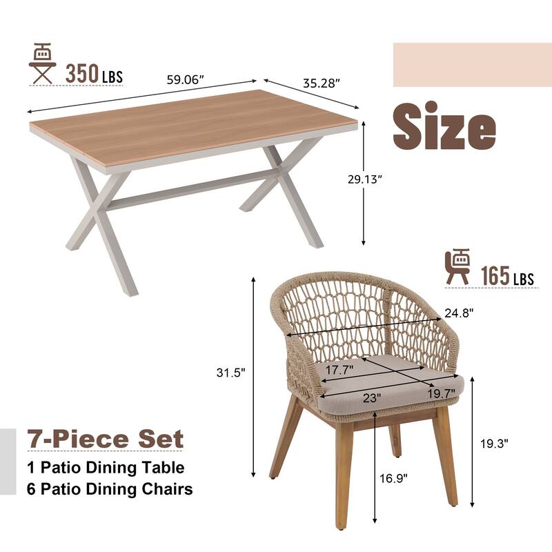Outdoor 7-Piece Dining Chair with Rope-woven Backrest and Table Set