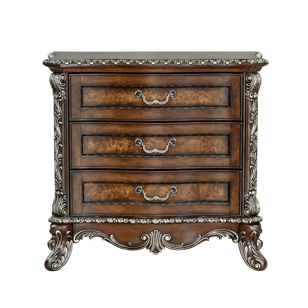 3 Drawers Nightstand with Floral Trim in Cherry Finish