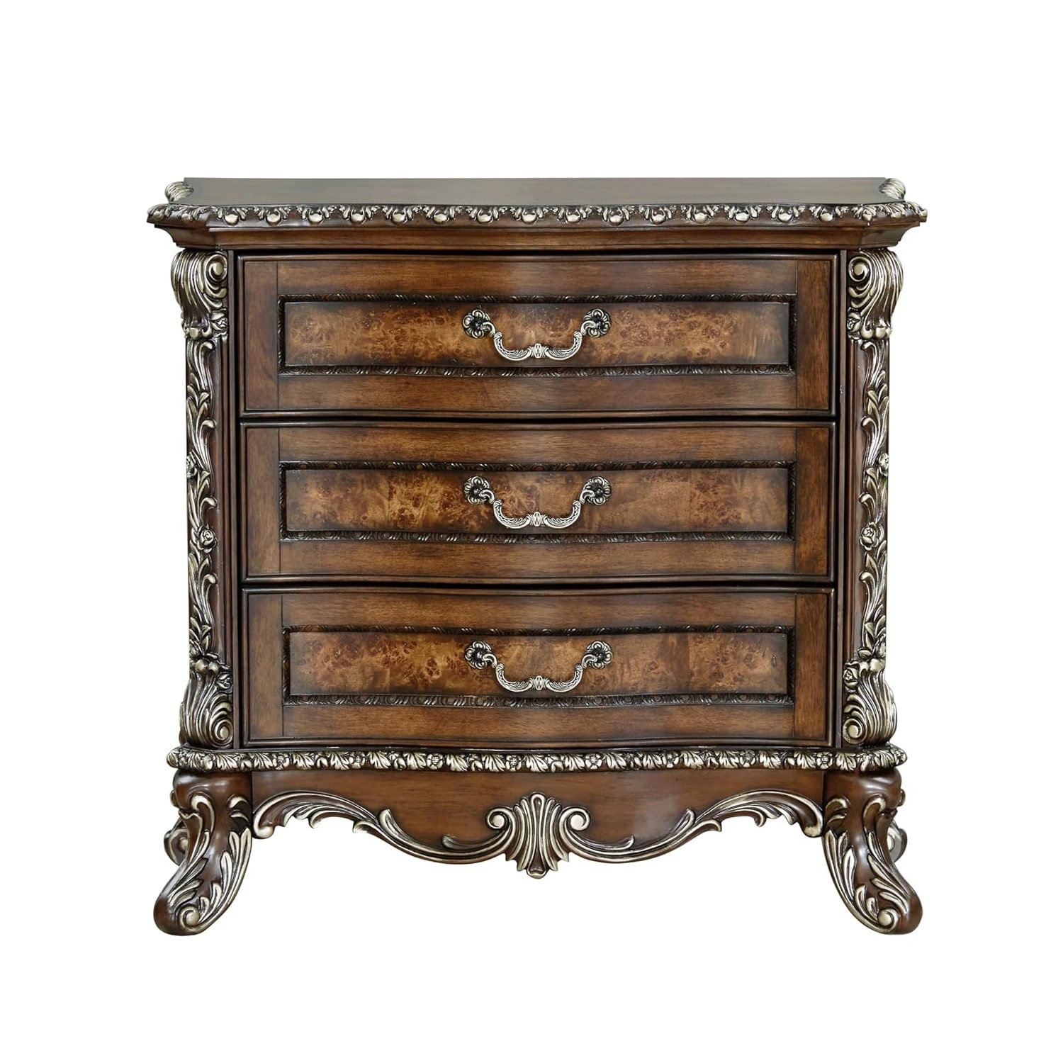 3 Drawers Nightstand with Floral Trim in Cherry Finish