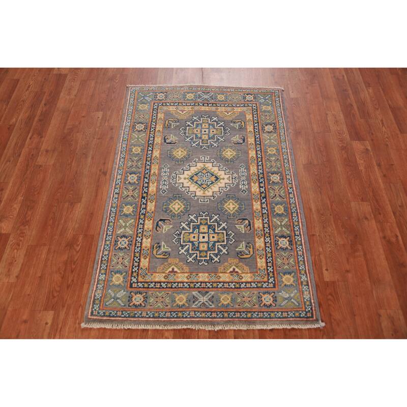 Gray Geometric Kazak Foyer Rug Handmade Wool Carpet - 2'8"x 4'0"