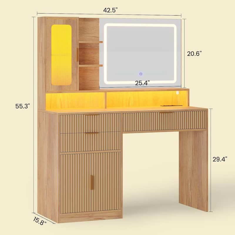 Makeup Vanity Desk Mirror LED Lights Charging Station RGB Lights Drawers Cabinet