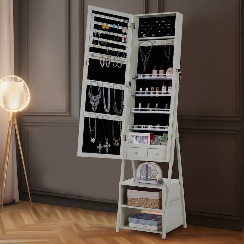 VECELO Standing Jewelry Cabinet Armoire with Adjustable LED Lights and Multi-functional Storage Shelf Drawers