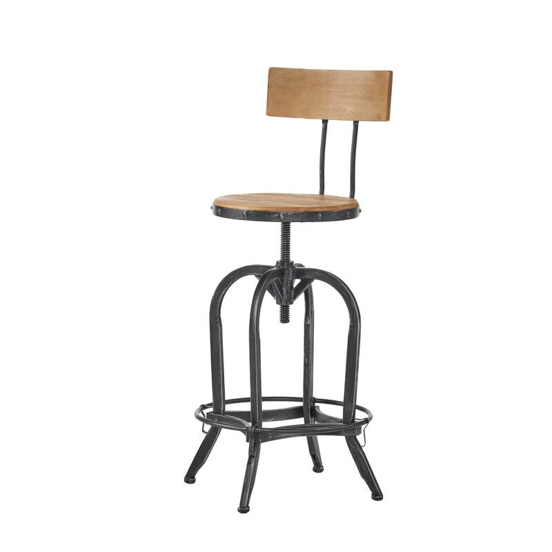 Roomfitters Industrial Adjustable Bar Stool with Wood Seat and Backrest, Swivel Metal Frame with Footrest, Natural Black