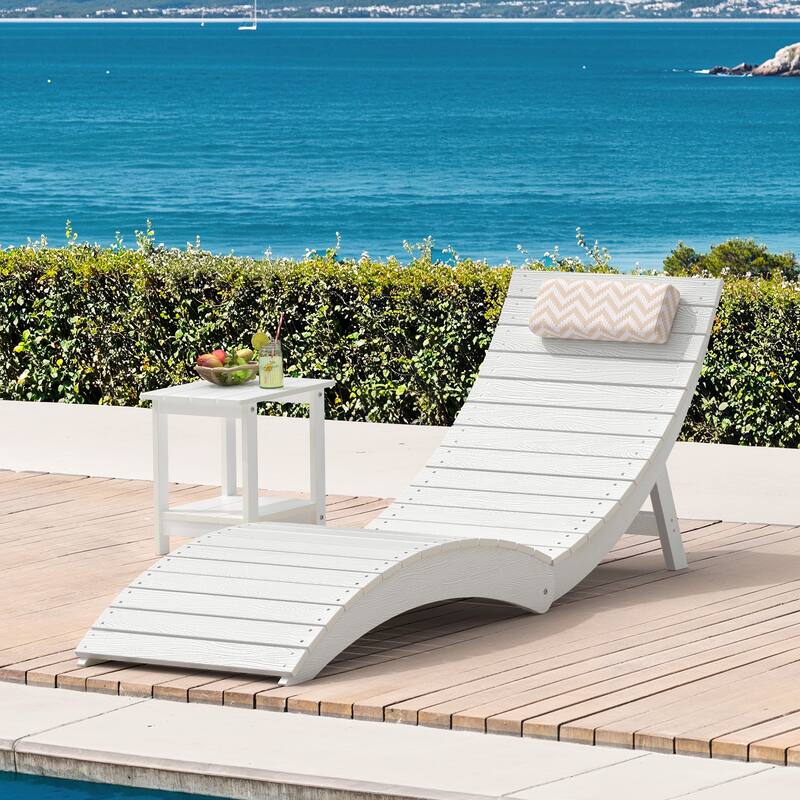 Folding HDPS Plastic Outdoor Pool Chaise Lounges Lounge Chair Outdoor with Headrest Cushions - White/Single