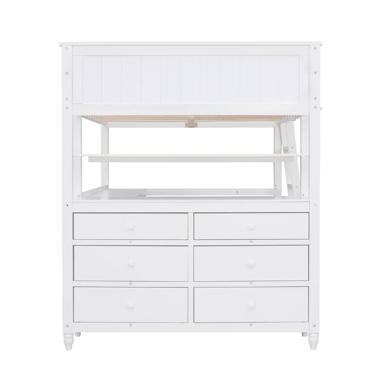 Full Size Loft Bed with Desk, Drawers, and Storage Shelves for Maximized Space