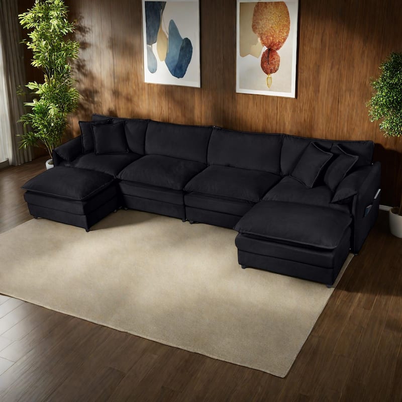 143.31" Chenille Upholstered U-Shaped Modular Sectional Sofa with Double-Layer Cushions, DIY Combination - Black