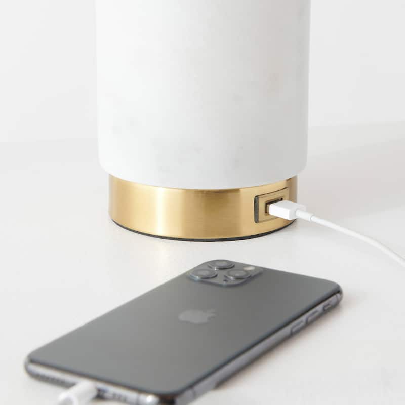 Brightech Arden 17 in. White Mid-Century Modern LED Standard Table Lamp with White Fabric Drum Shade and Built-In USB Port