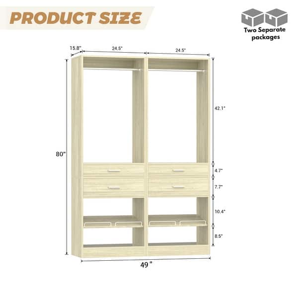 dimension image slide 0 of 8, 25'' W Freestanding Closet System with 2 Wooden Drawers and Adjustable Shoes Rack and Hanging Rod,Walk-in Closet Organizer