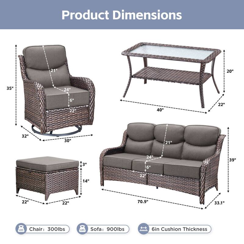 Arcadia 8-Piece Wicker Patio Conversation Set with Swivel Gliders and 6-Inch Thick Olefin Cushions