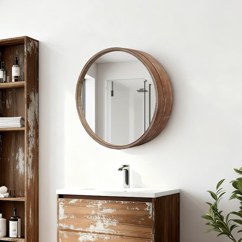23.62" Sliding Round Wall Mirror with Storage Shelves - 2-Tier Wooden Side Cabinet, Space-Saving Hanging Mirror