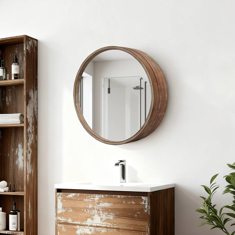 23.62" Sliding Round Wall Mirror with Storage Shelves - Natural Wood