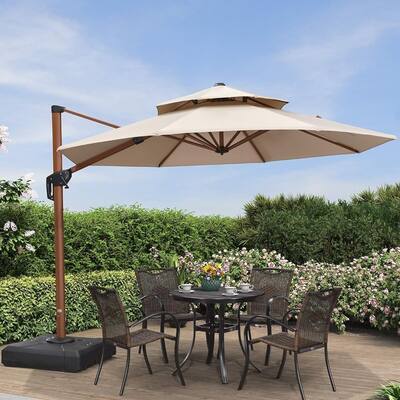 PURPLE LEAF 10ft Round Wood Pattern Patio Cantilever Umbrella with Base