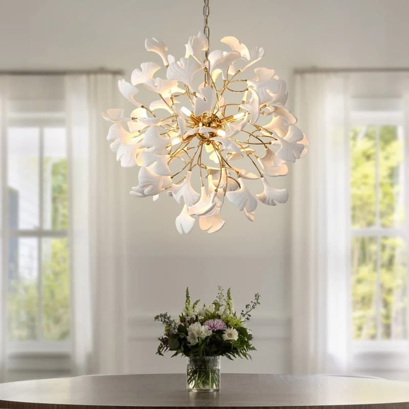 KAYLA Modern Gold Tree Branch Ginkgo Leaf Chandelier - 55" Rectangle Ceramic & Aluminum Design