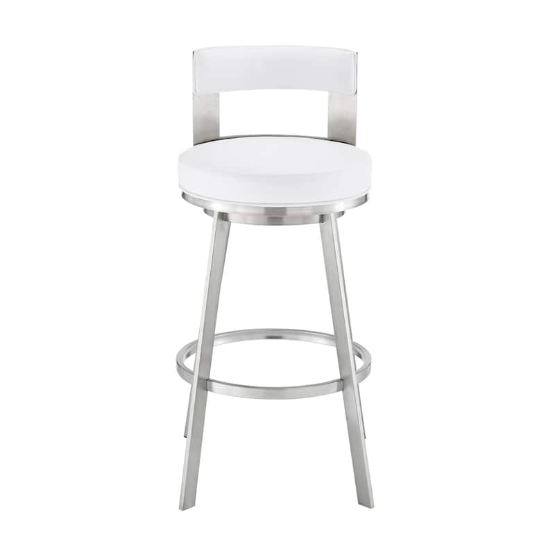 Ami 30 Inch Swivel Barstool Chair, White Faux Leather, Stainless Steel