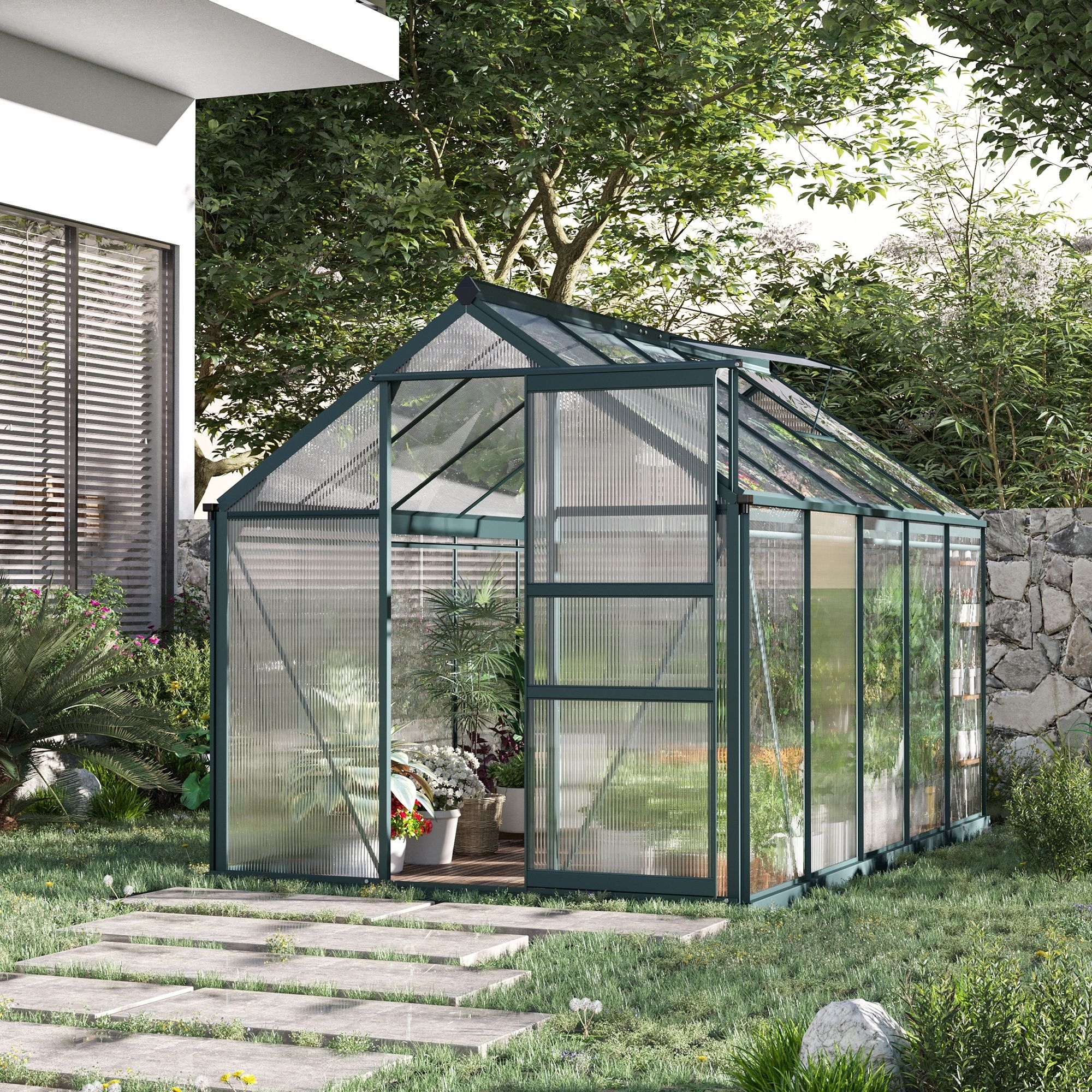 Outsunny Polycarbonate Walk-In Greenhouse with Rooftop Vent & UV-Resistant Walls