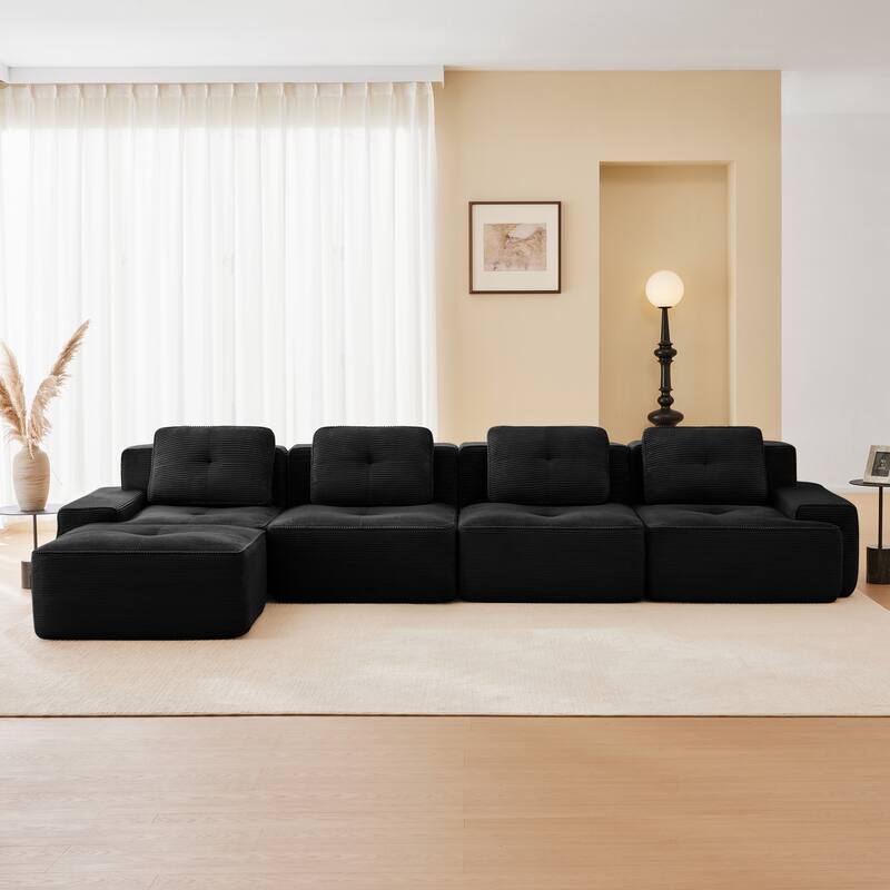 Roomfitters No Assembly Modular Sofa, 117 Inch Corduroy 3-Seater with Piping, Black - Black 153"  L-Shape