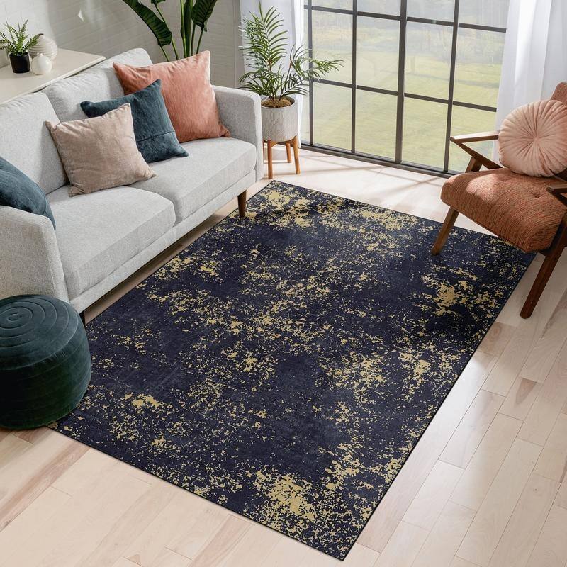 Black Gold 5'x8' Washable Rug - Non-Slip Low-Pile Vintage Area Rug