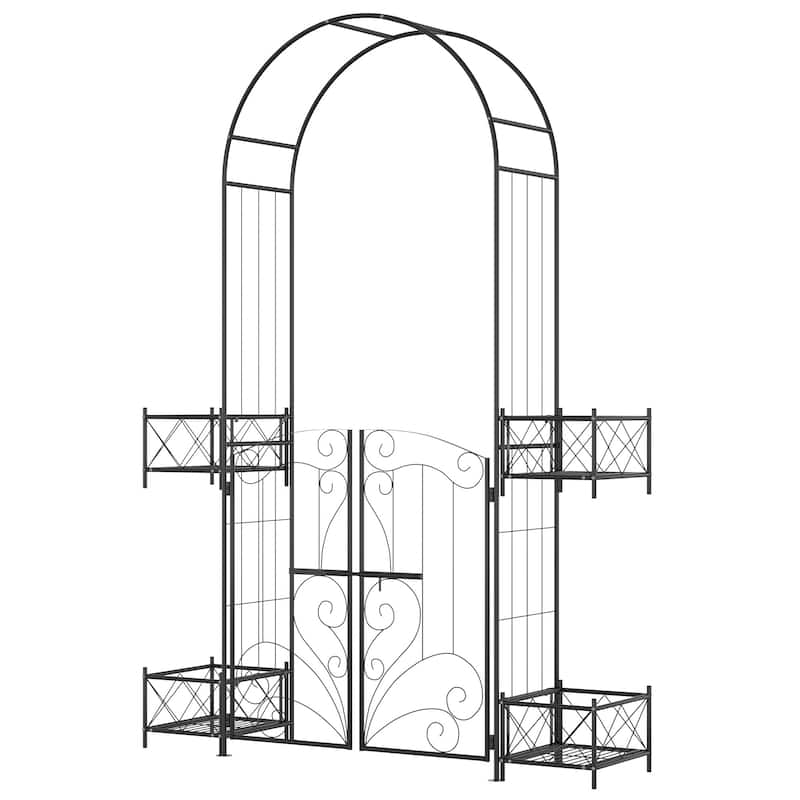 7' Garden Arch Arbor, Metal Arch Trellis with Gate, Garden Archway for Climbing Vines, Wedding Ceremony Decoration, Black