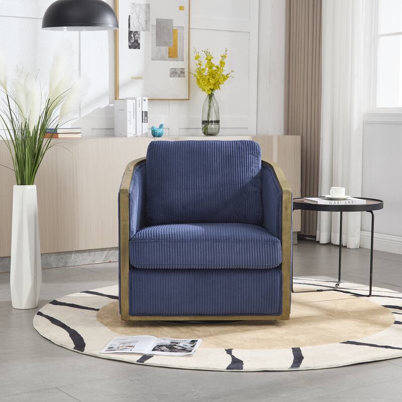 Corduroy Barrel Chair, Comfortable Living Room Accent Sofa Chair, 360 Degree Swivel Side Club Chair Leisure Arm Chair - Blue