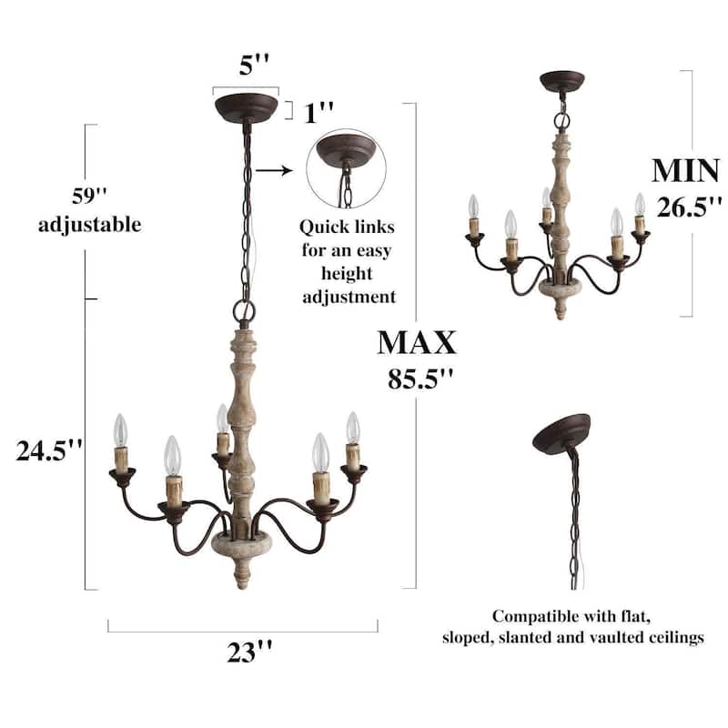 The Gray Barn Farmhouse 5-Light Wood Chandelier French Country Classic Candle Light