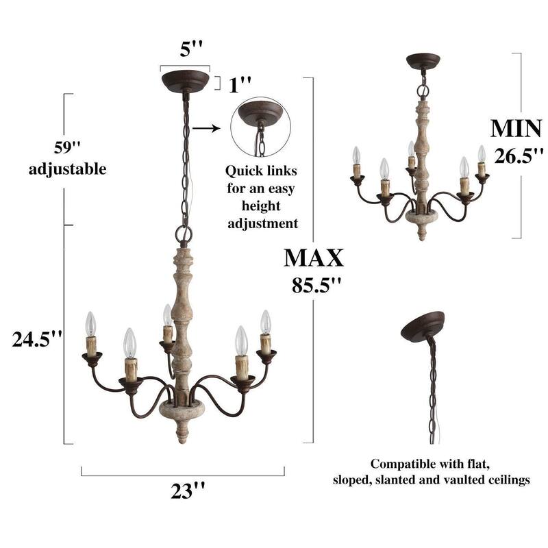 Farmhouse 5-Light Wood Chandelier French Country Light for Dining Room - 23 D x 24.5 H