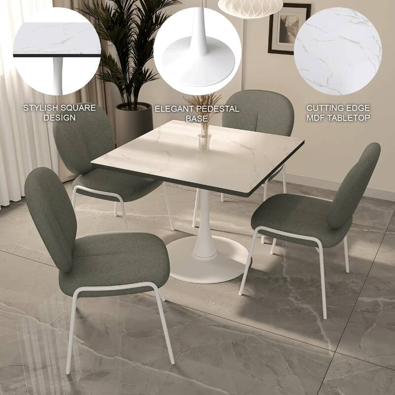 Bristol Square Dining Table with Marbled White MDF Top and White Steel Pedestal Base