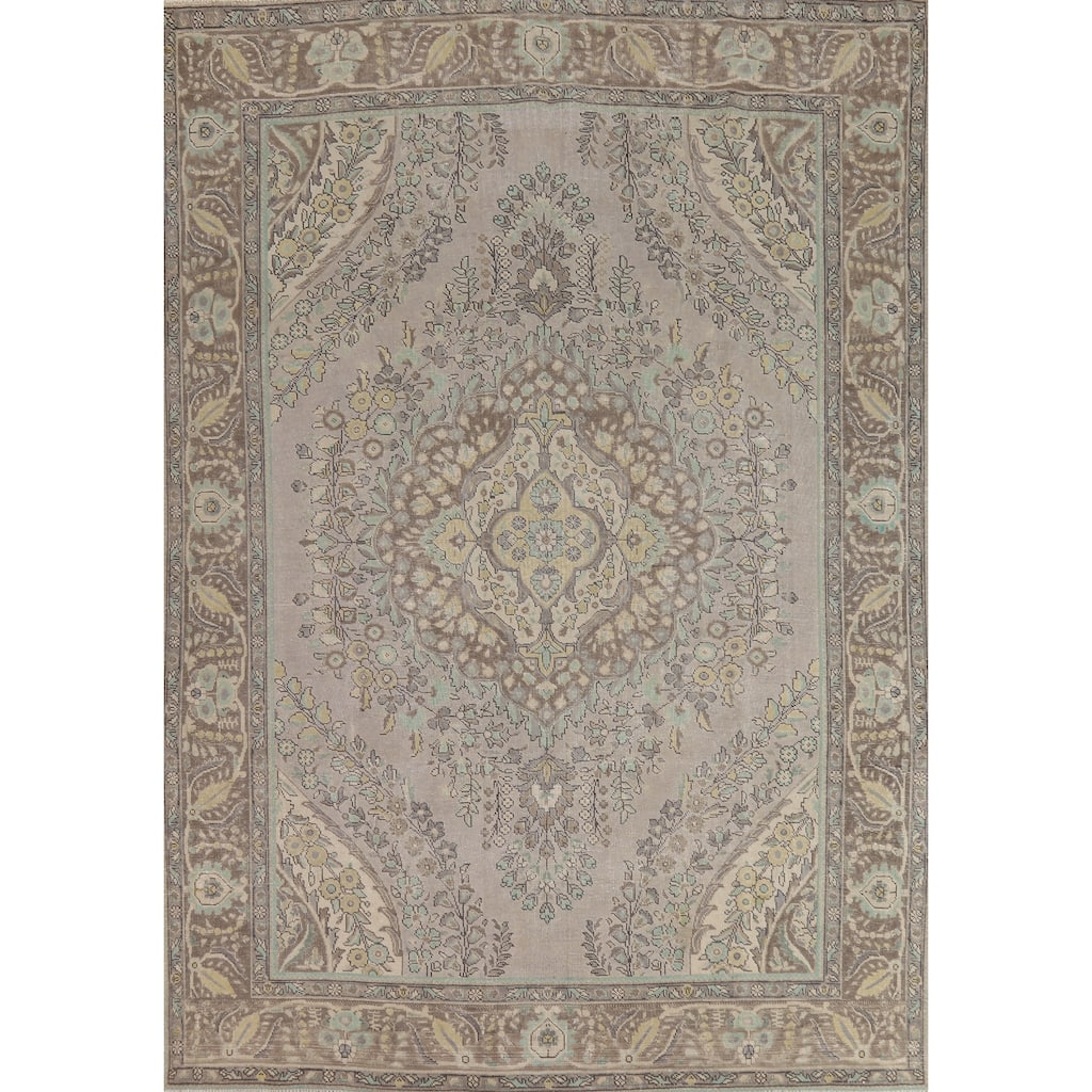 Gray Medallion Tabriz Persian Vintage Rug Hand-Knotted Wool Carpet - 7'10" x 10'9"