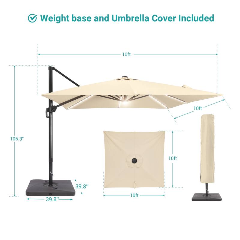 BONOSUKI 10x10FT LED Cantilever Patio Umbrella Angle Adjustment w/Base
