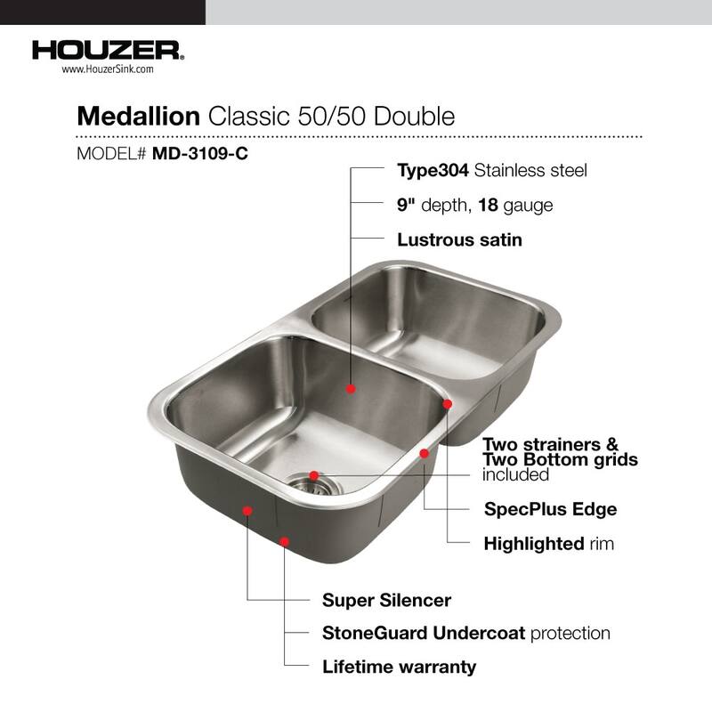 Houzer MD-3109-C Medallion Classic 31-1/2" Undermount Double Basin - Stainless Steel