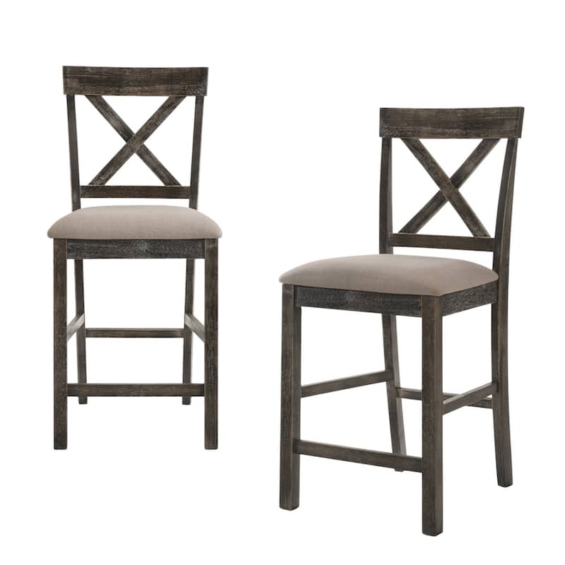 HomeRoots Set of Two 26" Tan and Dark Gray Linen and Solid Wood Counter Height Bar Chairs