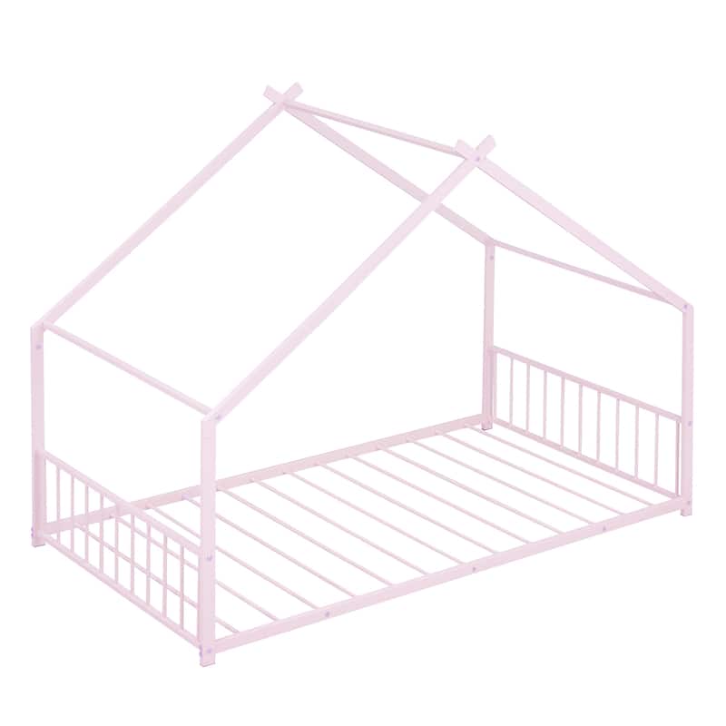 Metal House Bed with Roof, Fence, and Back