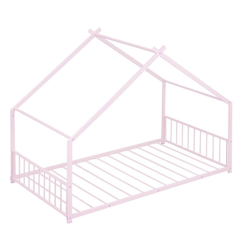 Twin/Full Size Montessori Floor Bed for Kids, Metal House Bed Frame w/Fence & Roof, Kids Playhouse Bed, Metal Platform Bedframe