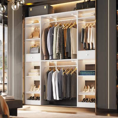58" W - 90" W Closet System with 3 Hanging Rods and Shelves,Walk in Closet Organizer with 2 Drawers & Shoe Rack,Closet Wardrobe