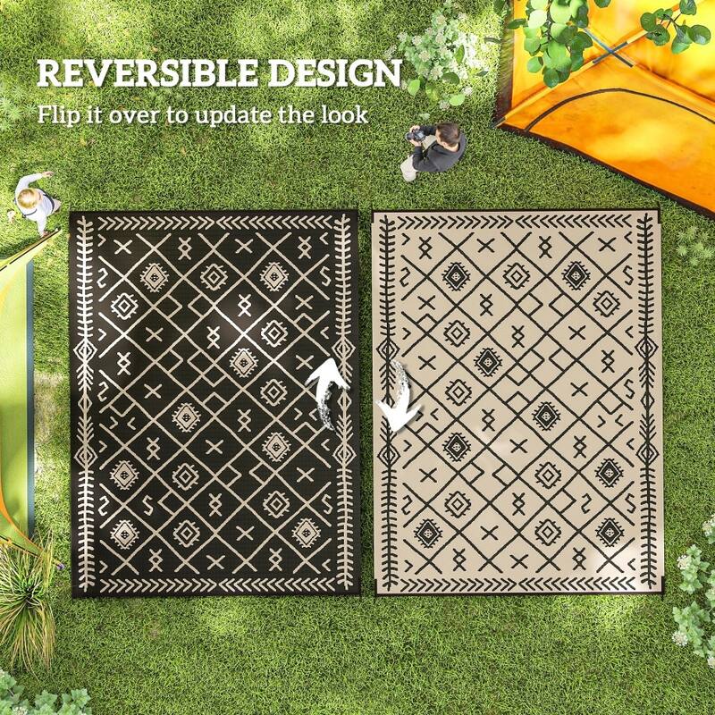 Reversible Outdoor Rug Black Beige Rhombus UV Protected Foldable Camping RV Patio Picnic Mat - 143.7" L x 107.9" W