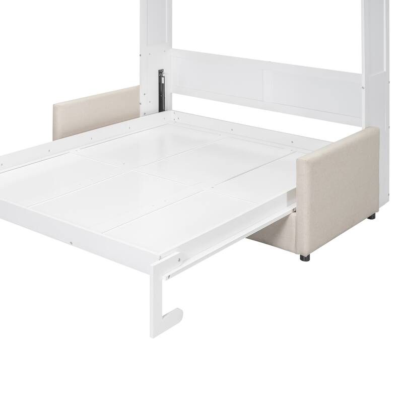White Queen Size Multifunctional Murphy Bed with Cushion & Storage